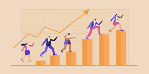 Business people climbing bar chart with arrow showing growth and success
