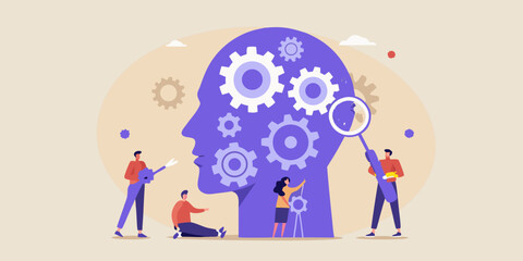 Teamwork solving problems and fixing gears inside human head brain mechanism