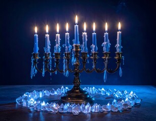 Traditional Hanukkah Menorah with Nine Glowing Blue Candles and Decorative Ice-like Crystals