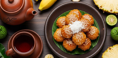 Traditional Indonesian Gemblong with Banana, Pineapple, and Tea