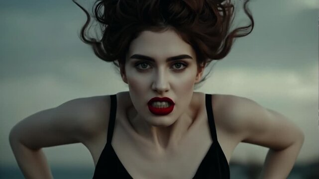 Outdoor Close-Up of a Red-Haired Vampire Woman Leaning Forward and Revealing Her Fangs in the Wind