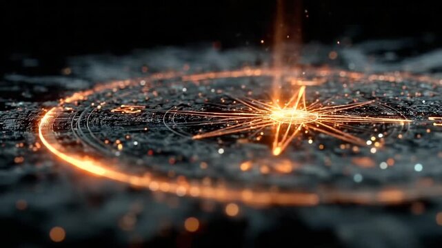 Glowing compass design with intricate patterns and sparks