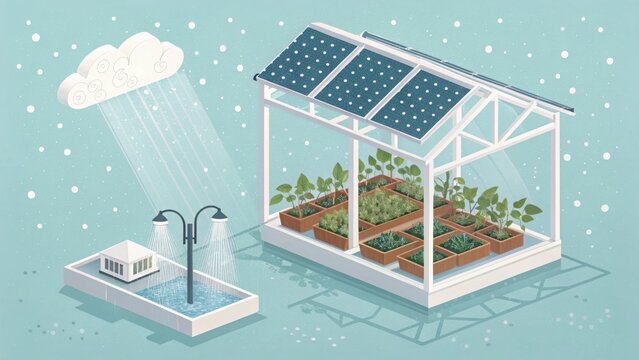 Greenhouse with Solar Panels Harvesting Rain for Seedling Growth
