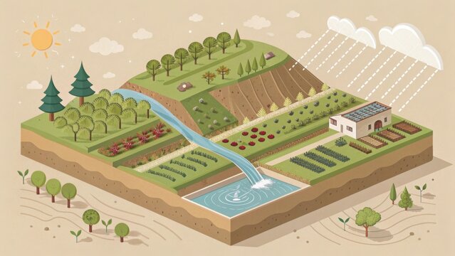 Illustration of terraced farming system managing rainwater