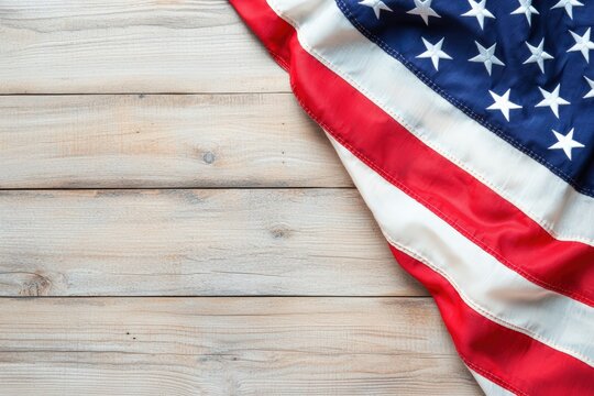 American flag with red stripes, white stars on blue field, and a rustic light wood texture. Patriotic concept