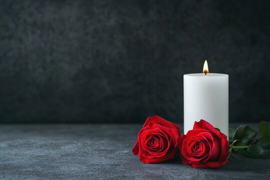White burning candle and two red roses resting on a dark surface, symbolizing remembrance, respect, and condolence with copy space