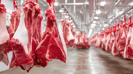 Fresh cuts of red meat hanging in a modern meat processing facility, showcasing the butchery process and emphasizing quality and freshness in a clean environment