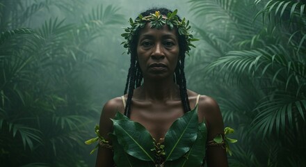 Portrait of a woman adorned with leaves in a lush tropical forest with a serene expression