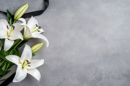 White lilies and a black ribbon representing funeral, grieving, and condolences on a concrete background with copy space