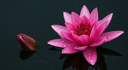 Close up of a pink water lily with water droplets and a bud floating on dark water surface