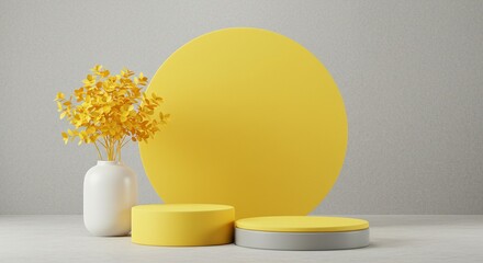Still life of yellow flowers in a white vase with two podiums and a yellow circle backdrop