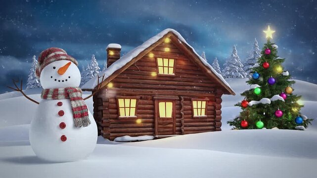 Christmas Cabin with Snowman and Tree