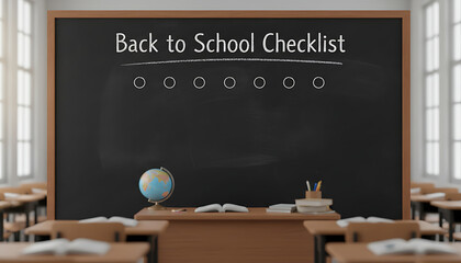 Back to School Checklist on a Chalkboard in an Empty Classroom.