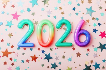 2026 glossy numbers displaying rainbow colors, surrounded by shiny star confetti on a pink background, with copy space