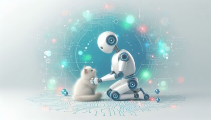 Ai humanoid robot taking care of cat in digital society, pet protection, Digital monitoring, cloud computing, Imagination of the future world 
