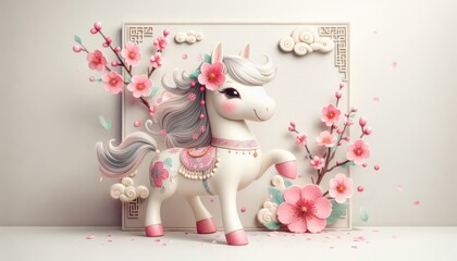 A charming pink horse zodiac surrounded by cherry blossoms and soft clouds, perfect for Lunar New Year greeting cards.