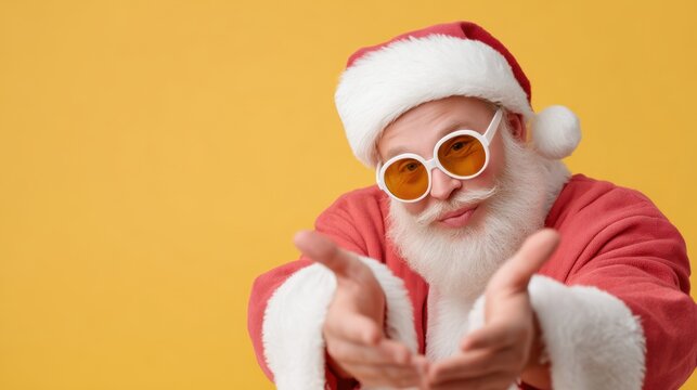 Hip Santa Claus with sunglasses striking a playful pose against a vibrant yellow background, exuding festive cheer and holiday spirit