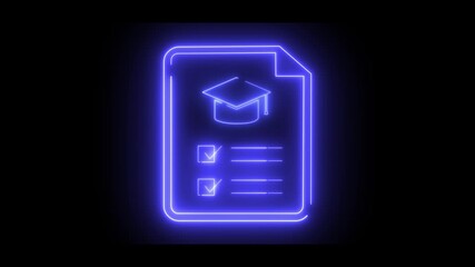 Document and graduate cap icons in interior, animated in neon light	 - Powered by Adobe