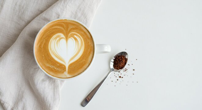 Overhead view of a latte with heart shaped foam, coffee granules on a spoon and white cloth - Powered by Adobe