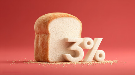 Freshly baked loaf of bread with a large 3 percent symbol in front, surrounded by sesame seeds on a vibrant background, showcasing food and nutrition concept