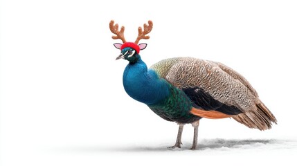 Fototapeta premium Colorful peacock wearing reindeer antlers and a festive hat, standing on snow, showcasing a whimsical holiday spirit and seasonal cheer