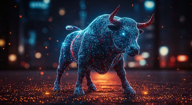 Digital bull with circuit board pattern standing powerfully in a blurred city background