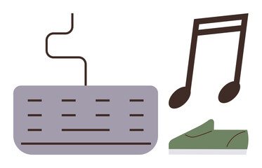 Keyboard, musical note, and sneaker symbolizing creativity, productivity, and movement. Ideal for music, work-life balance, innovation leisure fitness goals lifestyle themes. Simple flat metaphor