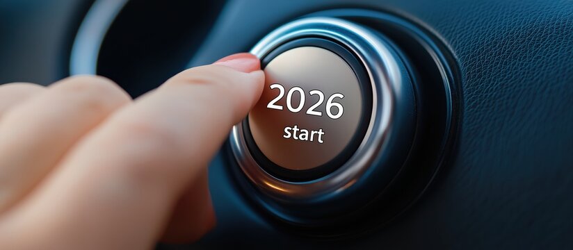 Hand pushing a car ignition button with 2026 start text, symbolizing new beginnings, future, and forward movement