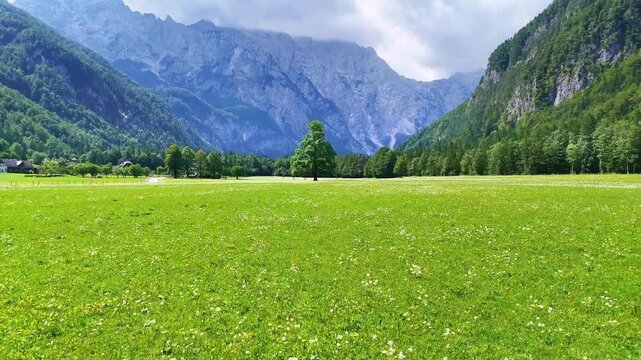 Drone Slovenia 4k. Logar Valley, one of the most beautiful alpine valleys in Europe, located in the Alps of northern Slovenia.&nbsp;popular summer travel tourism destination for hiking in Europe.