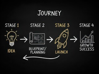 Hand drawn chalkboard diagram showing the four stages of a successful business startup journey: Idea, Planning, Launch, and Exponential Growth.
