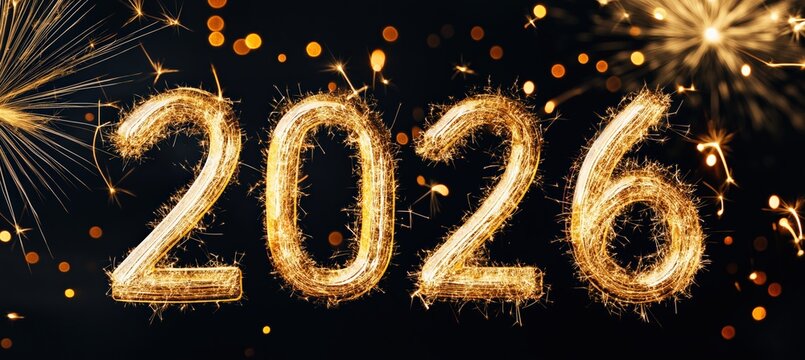 Golden sparkler numbers 2026 glowing on a dark background with festive bokeh lights and fireworks, creating copy space
