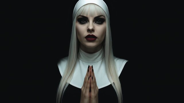 Close-Up of Vampire Morana in a Clerical Outfit Revealing Her Fangs