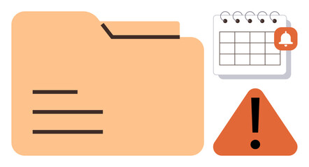File folder beside a calendar with notification bell and alert icon. Ideal for organization, scheduling, deadline management, reminders, planning, file management, productivity. A simple flat