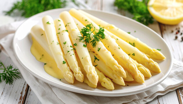 Steamed white asparagus in hollandaise sauce and fresh dill, white dish, closeup. AI