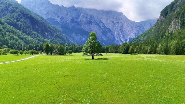 Drone Slovenia 4k. Logar Valley, one of the most beautiful alpine valleys in Europe, located in the Alps of northern Slovenia.&nbsp;popular summer travel tourism destination for hiking in Europe.