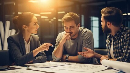 Diverse team collaborates on blueprints, sparking innovation in modern office setting, dynamic planning session - Powered by Adobe