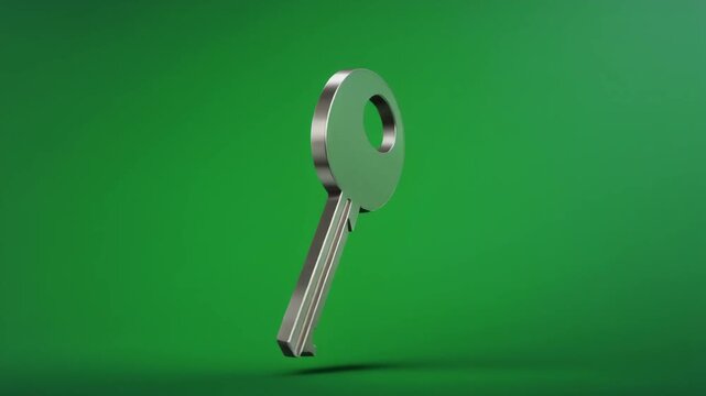 A solitary, metallic key floating against a vibrant, emerald green backdrop.