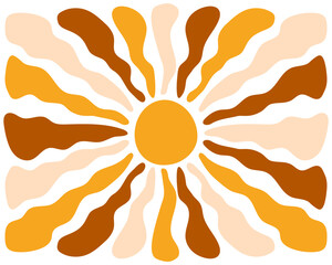 Groovy sun silhouette background. Sunburst, sunlight or sunbeam horizontal banner. Summer theme wallpaper. Positive mood concept. Modern boho print. Happy vibes design. Vector flat illustration.