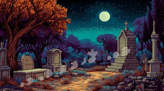 Eerie Pixel Art Graveyard at Night with Full Moon, Detailed Tombs and Withered Trees in Deep Blue Sky, Atmospheric Light and Shadow in Low Resolution