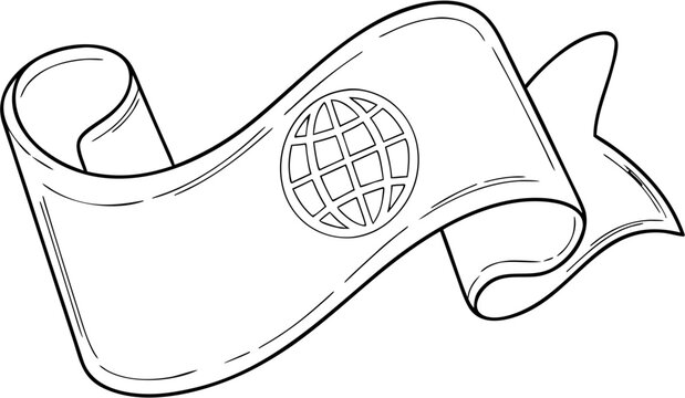 Black and white outline drawing of a wavy banner or scroll with a globe icon