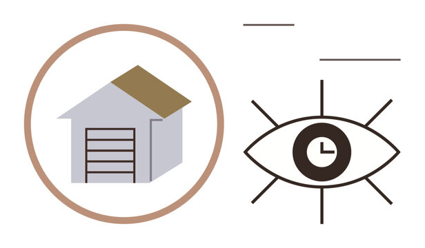 House icon with garage within a circular frame and an abstract eye containing a clock. Ideal for security, surveillance, monitoring, time management, automation, home safety, modern technology