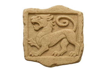 Sandstone bas-relief carving featuring heraldic mythical lion on transparent background
