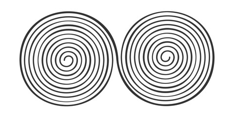 Two hand drawn connected spiral shapes isolated on white background. Hypnotic psychedelic design. Brain work concept. Whirlpool, dizzy or tornado symbols. Vector graphic illustration.