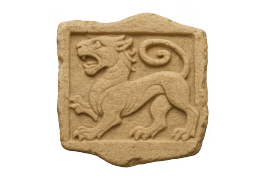 Sandstone bas-relief carving featuring heraldic mythical lion on transparent background