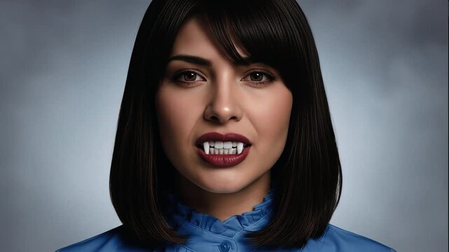 Close-Up of a Tanned Studio Beauty Revealing Her Fangs