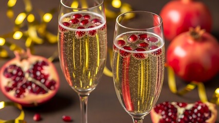 Two flutes of sparkling wine or champagne garnished with fresh pomegranate seeds, set against a dark background with whole and cut pomegranates and festive bokeh lights