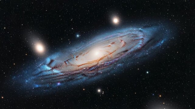 Majestic spiral galaxy with vibrant blue and orange hues rotates majestically through starry cosmos - Powered by Adobe