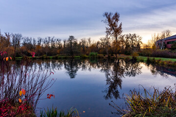 Autumn colored trees stand out along the shoreline and their reflection mirrored in the calm water