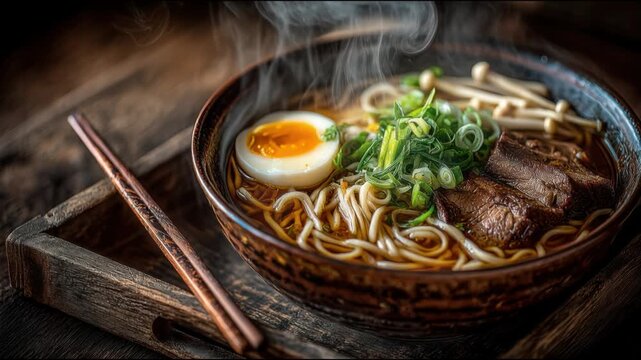 Steaming bowl of ramen with rich broth, noodles, and toppings, served with chopsticks resting beside, captured in warm soft lighting for an appetizing presentation, 4K video footage