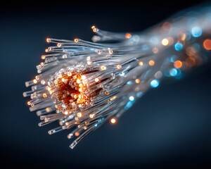 Close-up View of Fiber Optic Cables with Bright Blue and Orange Lights
